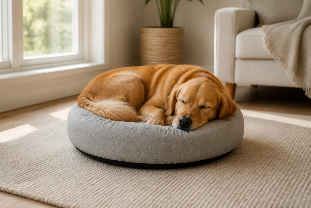 A contented dog sleeping peacefully on a quality pet bed in a bright, sunlit home setting, with natural light streaming through a nearby window