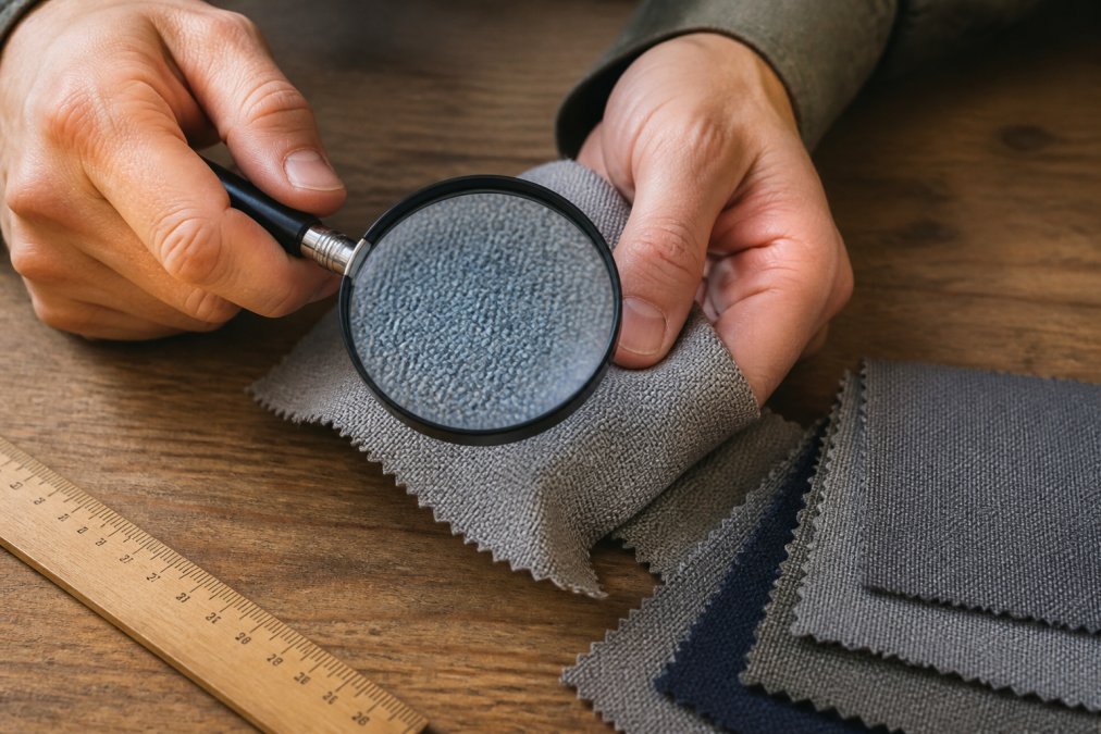 Hands using a magnifying glass to inspect the weave density and texture of a piece of polyester fabric
