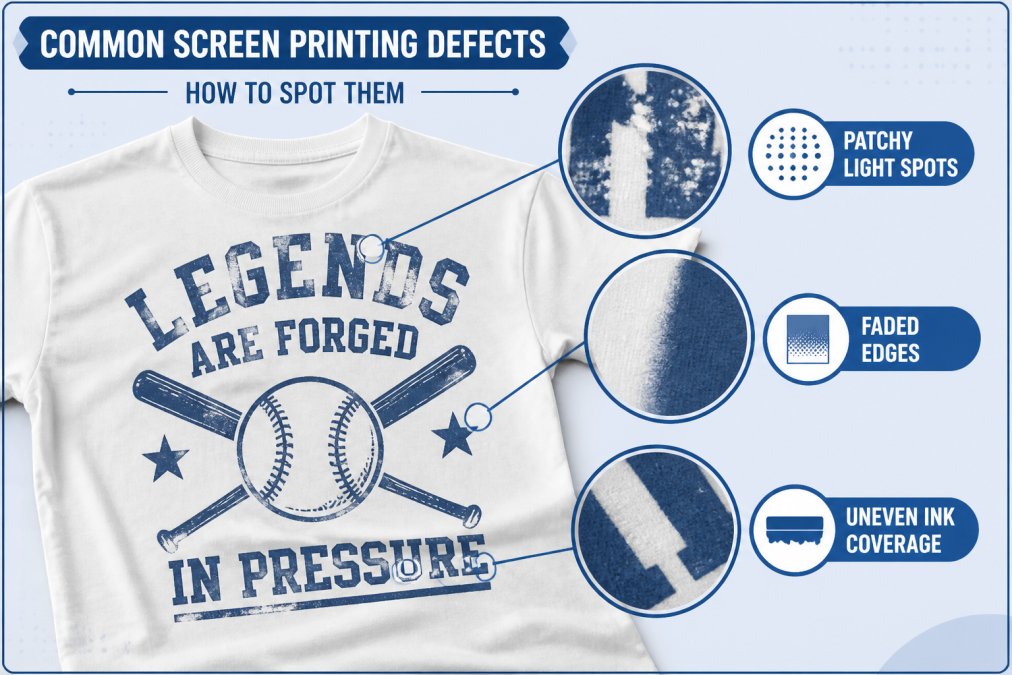Close-up of a graphic t-shirt with visible printing defects including patchy light spots within the design, faded edges where the print color transitions to the garment, and uneven ink coverage showing the white shirt color through parts of the print