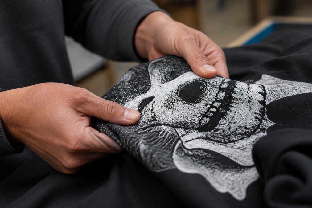 Hands performing tactile evaluation on a screen-printed t-shirt, fingers testing the ink texture and flexibility by bending and stretching the print area, feeling the difference between soft-integrated ink and stiff plastic-feeling coverage