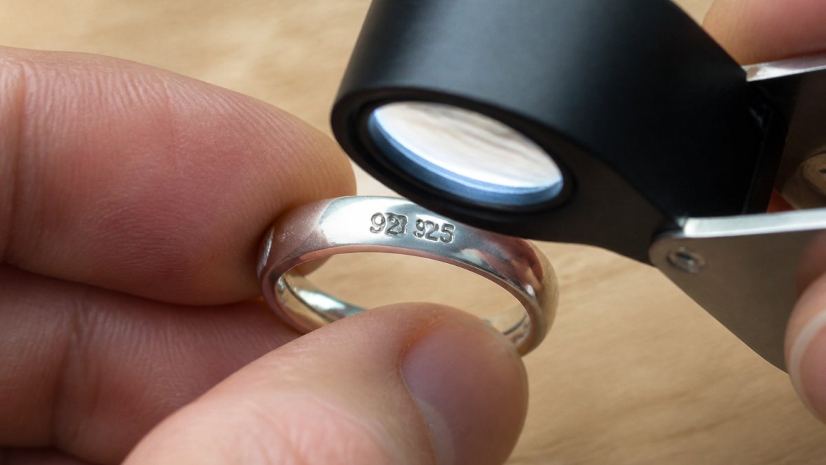 Close-up of sterling silver ring showing clear 925 hallmark and maker's mark stamps on the inner band under magnification light