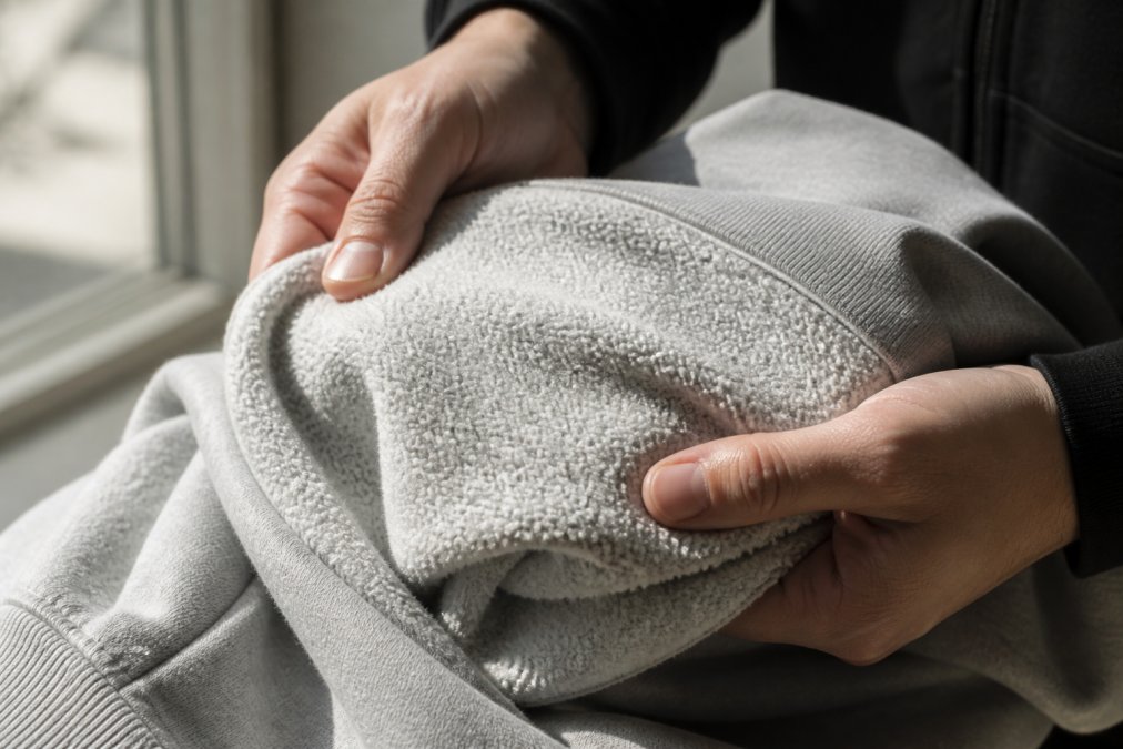 Close-up of hands pressing into the dense interior fleece of a heavyweight cotton hoodie, natural window light revealing the tight knit structure and fabric weight