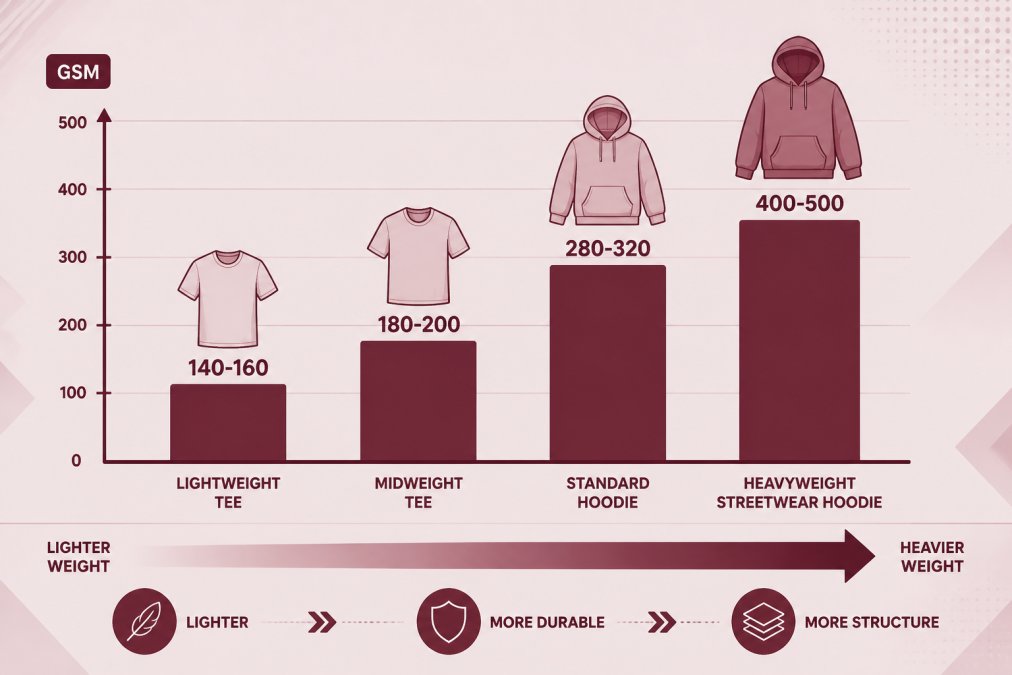 Bar chart comparing GSM ranges across garment types: lightweight tee 140-160 GSM, midweight tee 180-200 GSM, standard hoodie 280-320 GSM, heavyweight streetwear hoodie 400-500 GSM, showing weight correlating with durability and structure