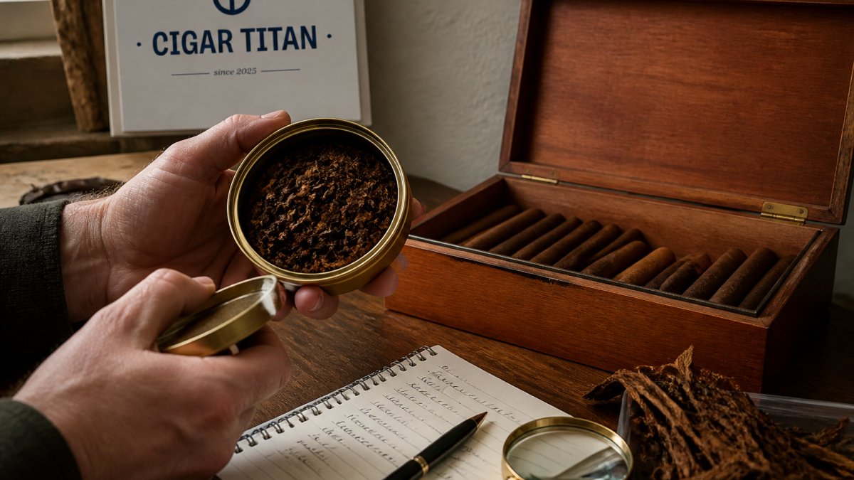 Close-up of a collector's hands holding an open vintage tobacco tin beside a cedar-lined cigar box, with dried ribbon-cut tobacco, a magnifying glass, and a small notebook with handwritten notes nearby