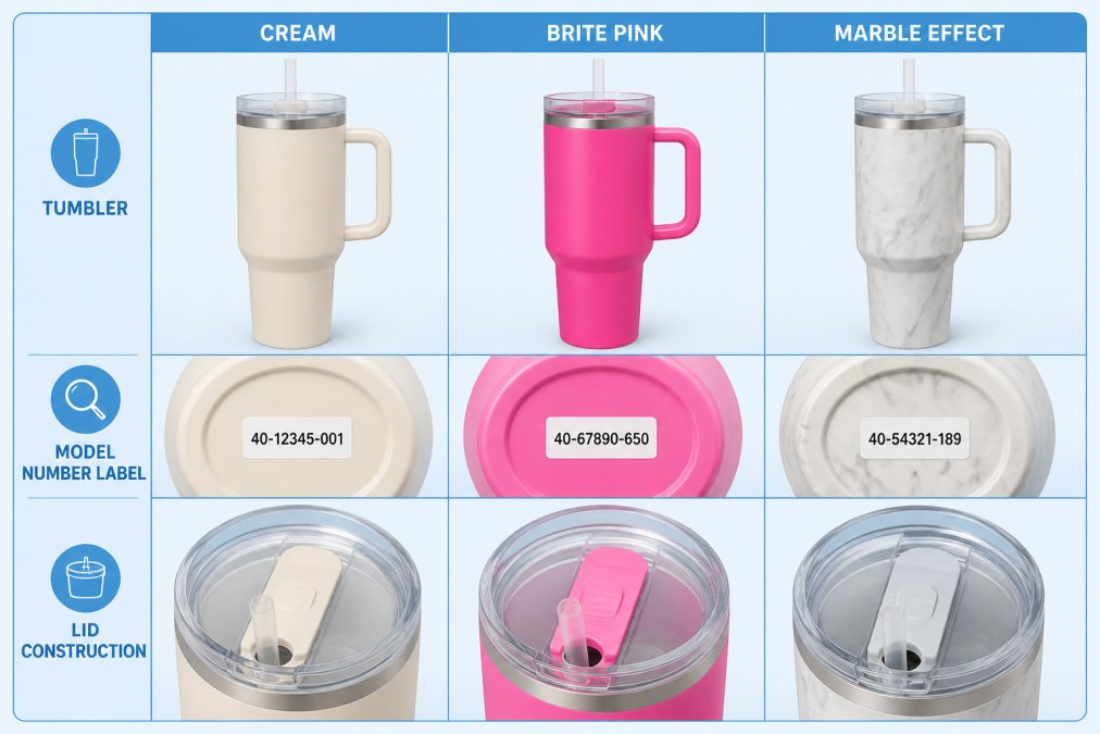 Side-by-side comparison of three Stanley tumblers (Cream, Brite Pink, and Marble Effect) photographed under identical neutral lighting, with close-up detail views of the model number labels and lid construction