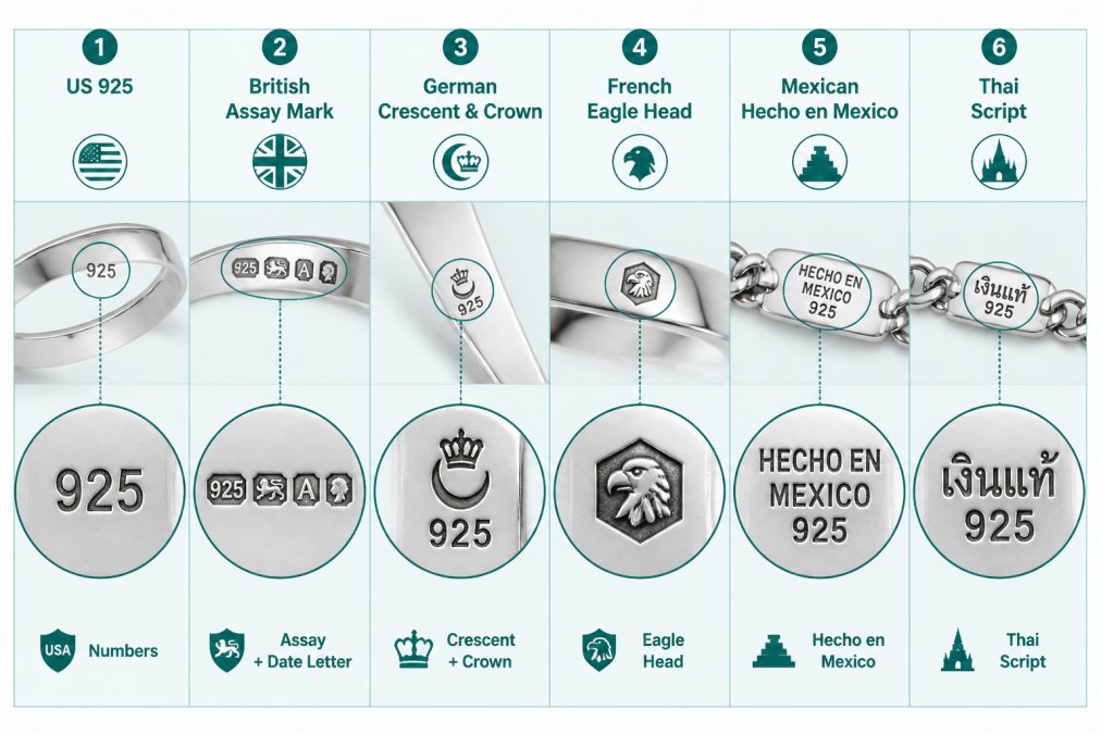 Comparison chart of international hallmarks to help identify real 925 sterling silver jewelry.