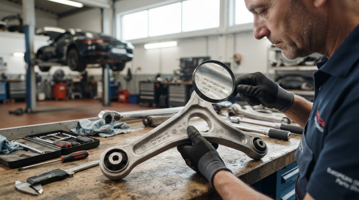 Professional technician's hands examining a Porsche control arm under bright workshop lighting, pointing to casting marks and part number stamping with magnifying glass