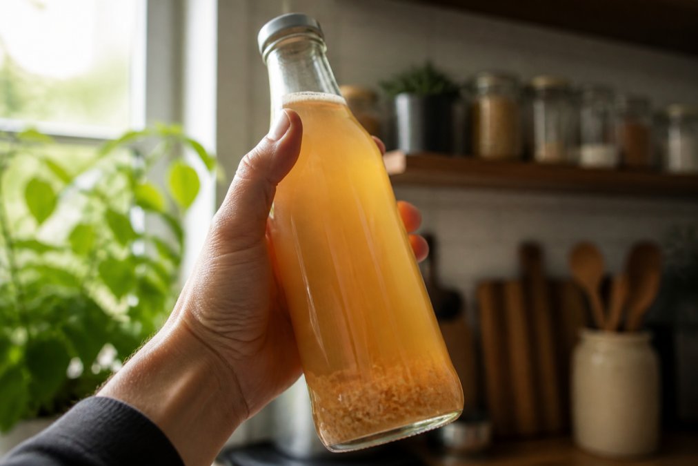 A close-up shot of a hand holding a clear glass bottle of raw kombucha up to the light, showing natural cloudiness and sediment floating at the bottom, with a blurred kitchen background