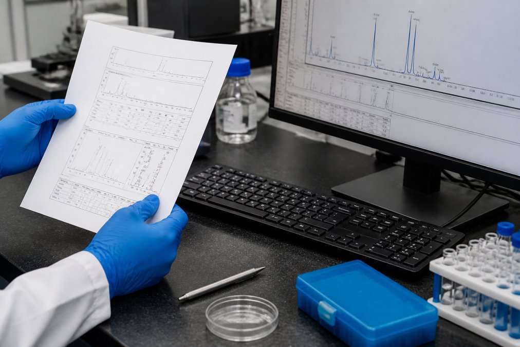 Close-up of a scientist's hands holding a printed laboratory certificate of analysis report next to a computer screen displaying chromatography data in a modern research lab with overhead fluorescent lighting