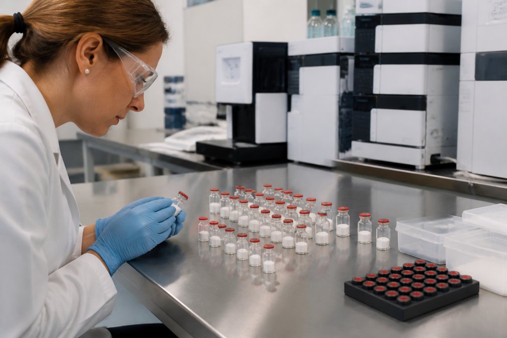 Laboratory technician in a white coat examining small vials of lyophilized powder samples arranged on a clean stainless steel lab bench, with analytical instruments visible in the background under bright laboratory lighting