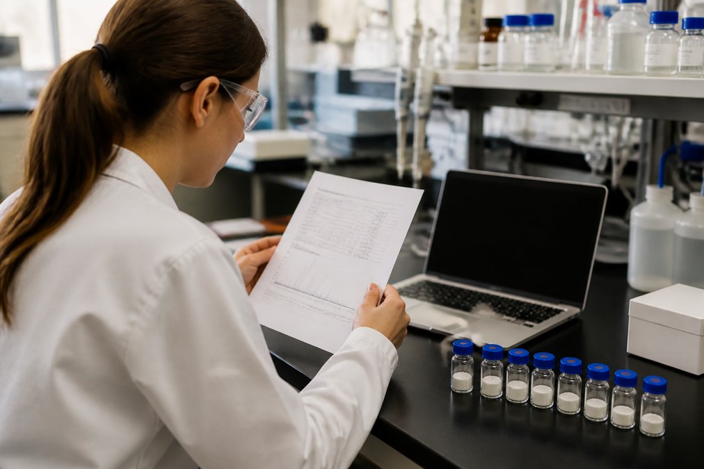 A researcher in a laboratory holding a printed Certificate of Analysis document next to a laptop displaying analytical data, with vials of peptide samples on the bench