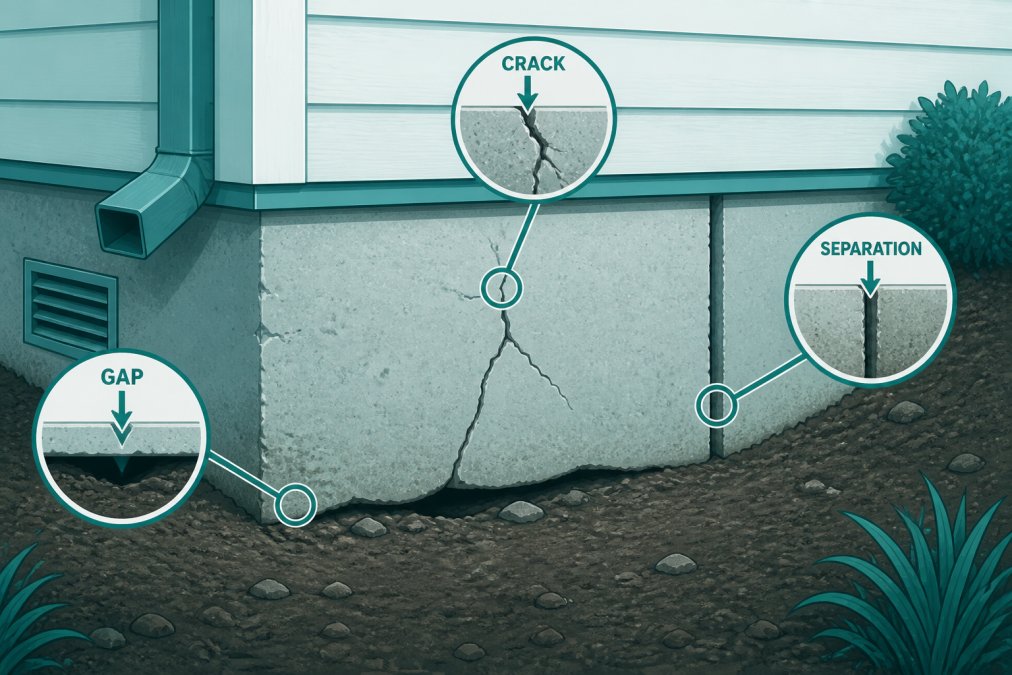 Close-up of exterior foundation wall showing visible cracks, gaps, and separation where soil meets concrete base of house