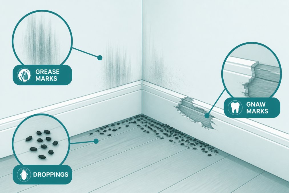 Interior wall corner and baseboard showing dark rodent droppings scattered along the base, gnaw marks on wood trim, and visible grease/rub marks on white drywall