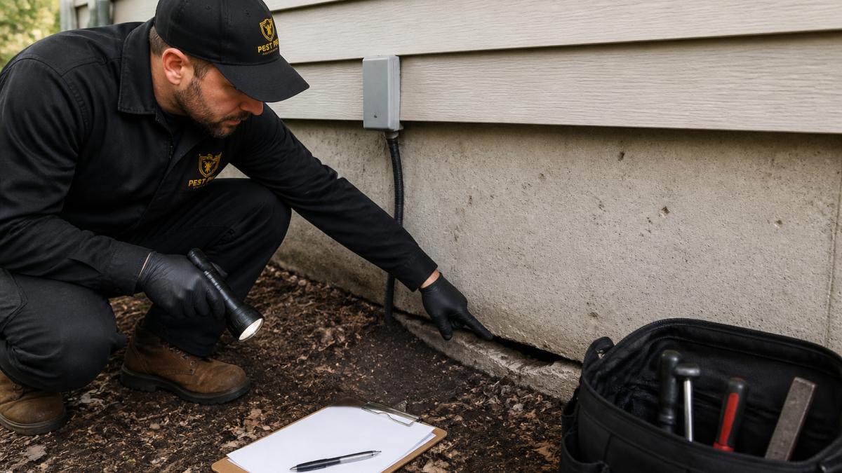 Professional pest control inspector examining foundation gaps and cracks at the base of a residential home's exterior wall in natural daylight, pointing to visible rodent entry points