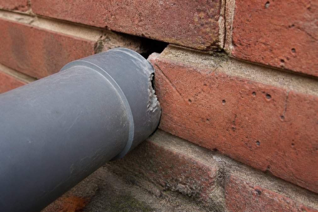 Close-up photograph of a small gap around an external grey pipe entering a red brick wall, with visible gnaw marks on the pipe's plastic edge and a narrow opening at the mortar line