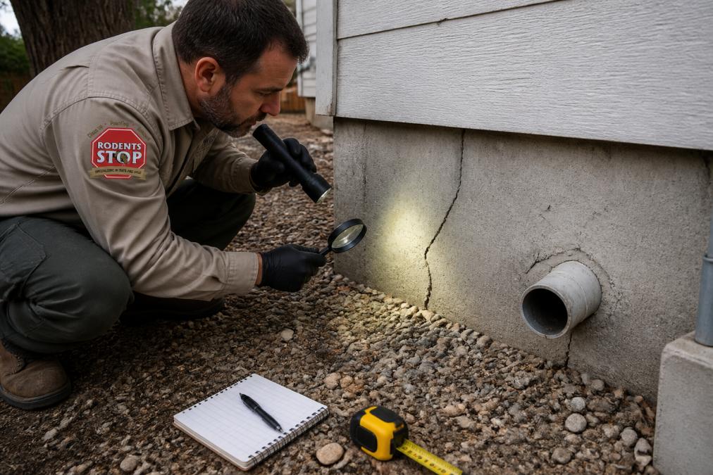 Homeowner crouched at foundation corner using a flashlight and magnifying glass to inspect a crack and nearby utility pipe opening, with notebook and measuring tape visible on the ground