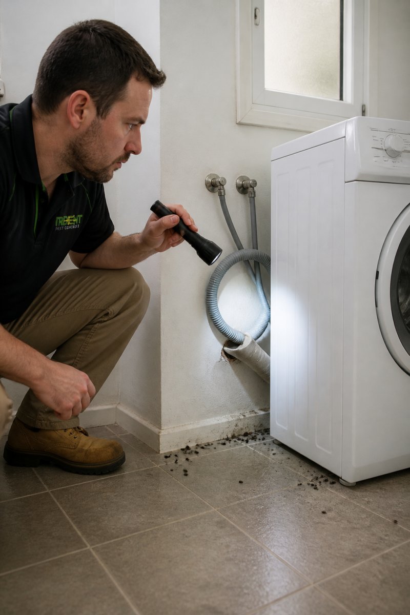 A homeowner crouching in a laundry with a torch, inspecting the gap where pipes pass through the wall behind a washing machine, with droppings visible near the skirting board