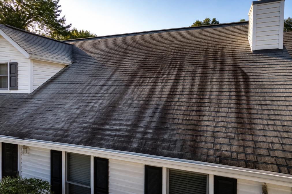 Close-up of dark black streaks running down gray asphalt shingles on a residential roof, with visible biofilm buildup and discoloration spreading from the ridge downward in morning sunlight