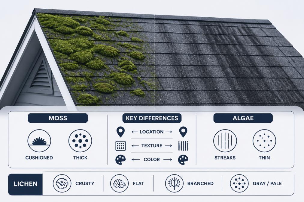 Residential roof section in overcast natural light showing thick green moss cushions on the left side near a shaded gable and dark algae streaking on the right side, with shingle granule texture visible in both areas