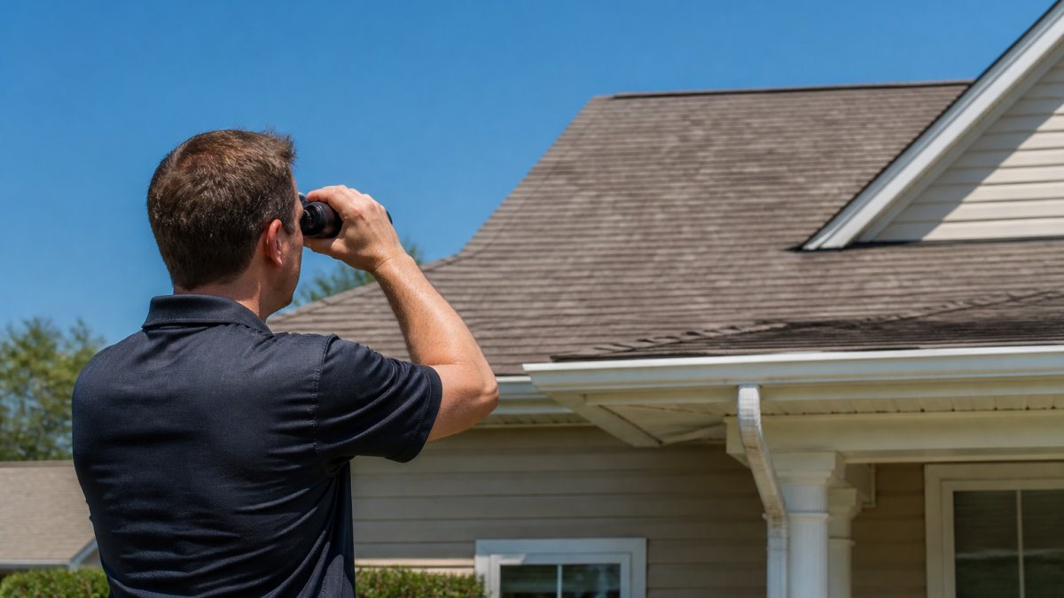 Homeowner standing safely on the ground at a distance, using binoculars to examine roof shingles and gutters, with clear sky visible in the background