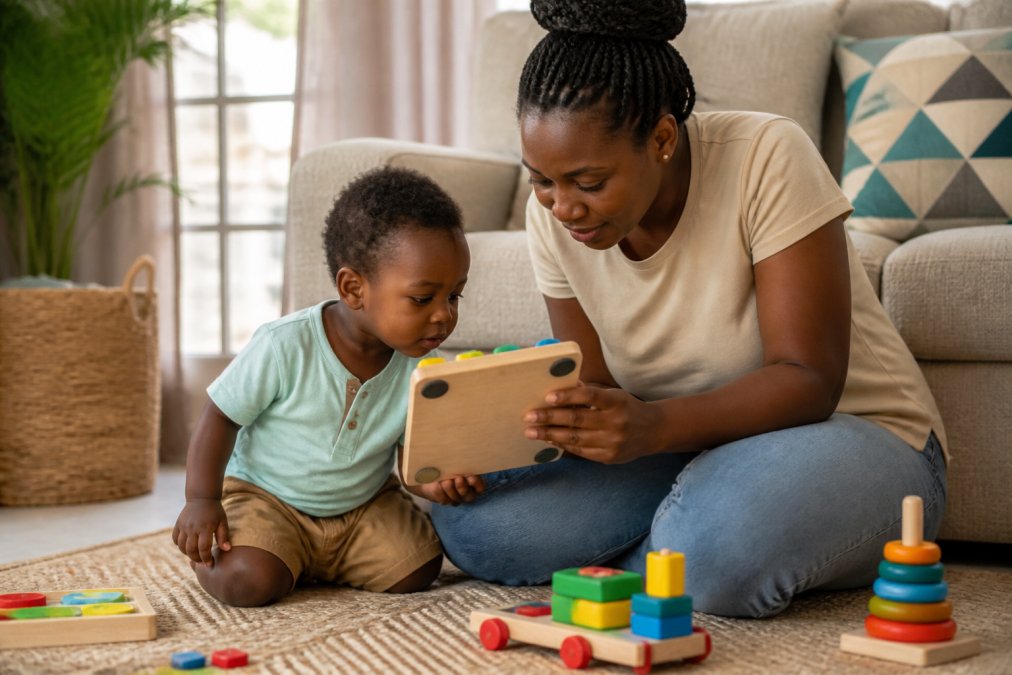A parent kneeling beside a toddler, turning over a colourful wooden puzzle toy to read the age label and safety marks on the base, in a bright Nigerian home