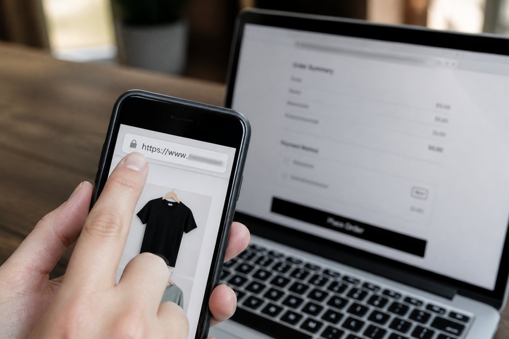 Infographic illustrating how to verify secure online clothing stores by checking padlock icons and URL safety.