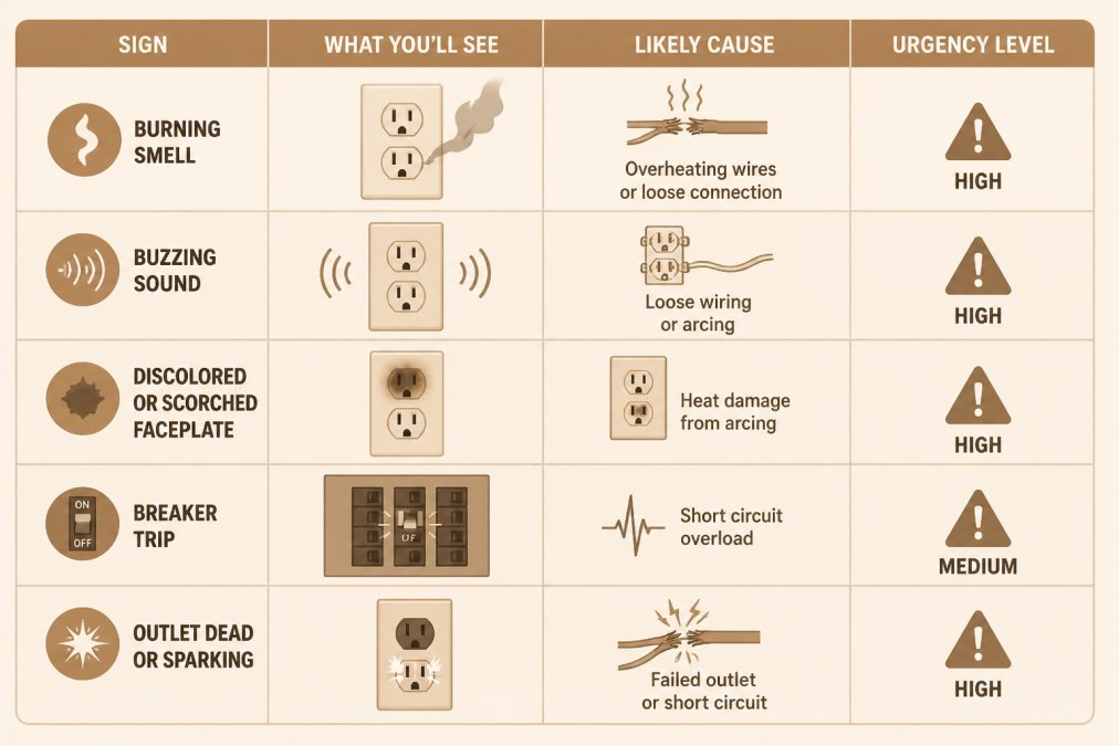 Diagnostic matrix mapping signs of short circuits in outlets to their likely causes and urgency levels.