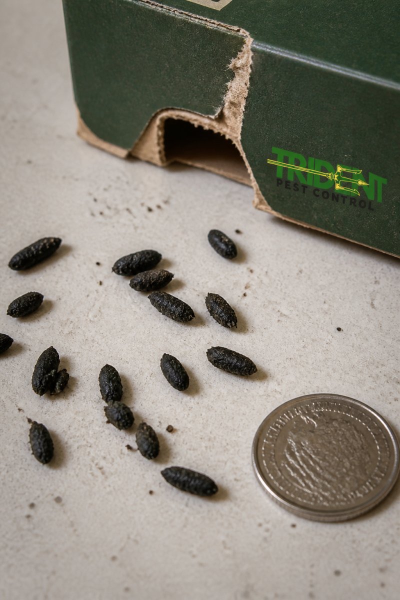 Close-up view of rodent droppings on a kitchen surface next to a coin for scale, showing dark pellet-shaped droppings and fresh gnaw marks visible on nearby food packaging in natural light