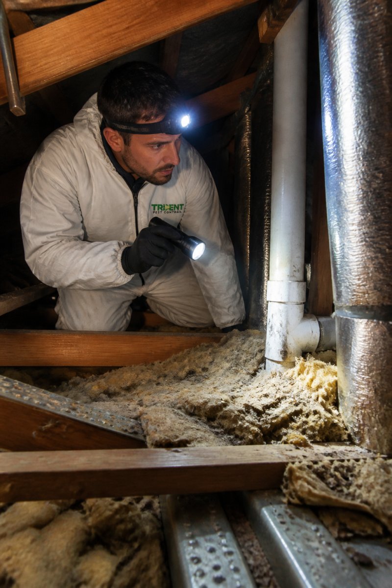 Homeowner using a torch to inspect a dark attic space, carefully checking around pipes and insulation for signs of rodent activity and nesting materials in natural lighting
