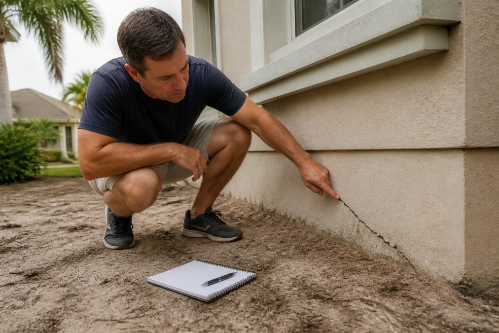 Homeowner inspecting a diagonal wall crack as a sign of sinkhole activity in a suburban Florida yard