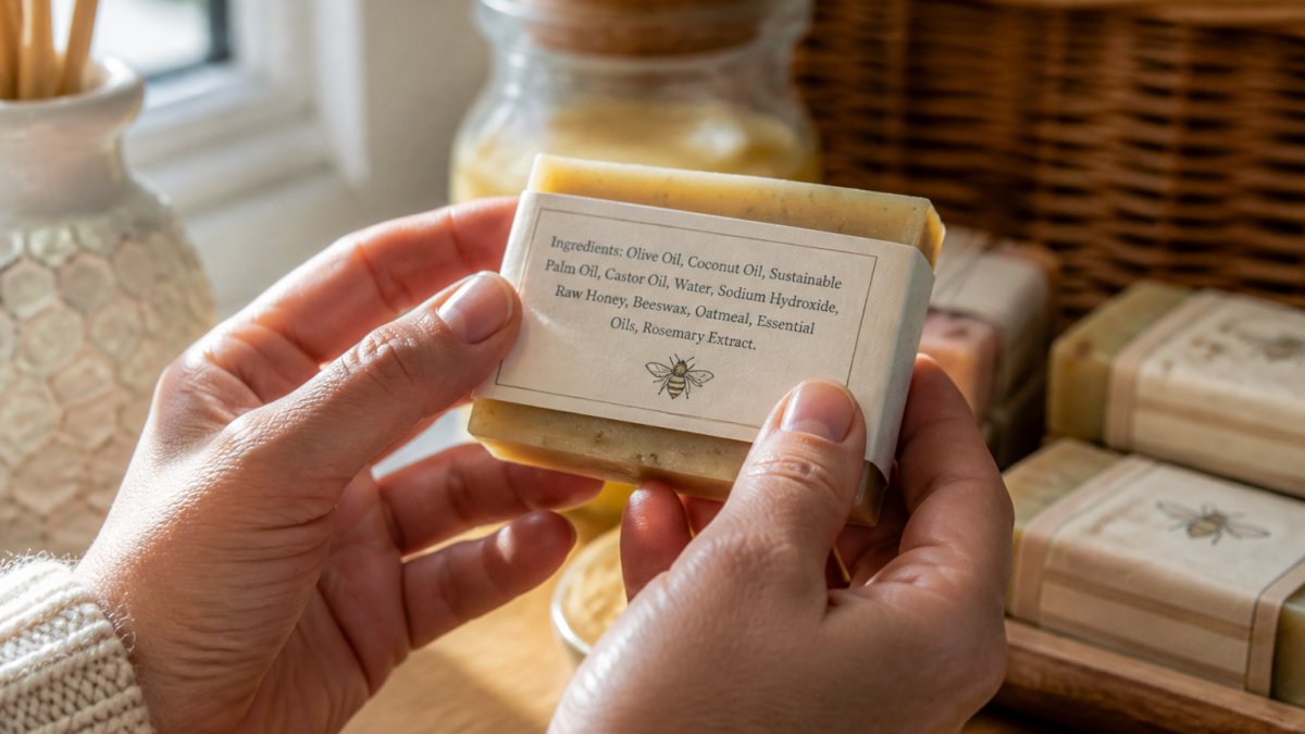 Close-up of hands holding a soap bar and carefully reading the ingredient list printed on the back label, with natural sunlight illuminating the text clearly