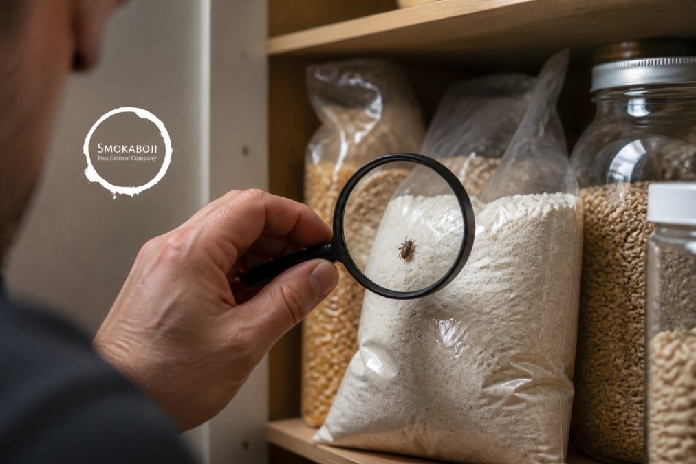 Close-up photograph of a homeowner using a magnifying glass to inspect a small brown beetle crawling on a bag of flour in a pantry, showing the insect's segmented body and wing covers among dry goods on a shelf