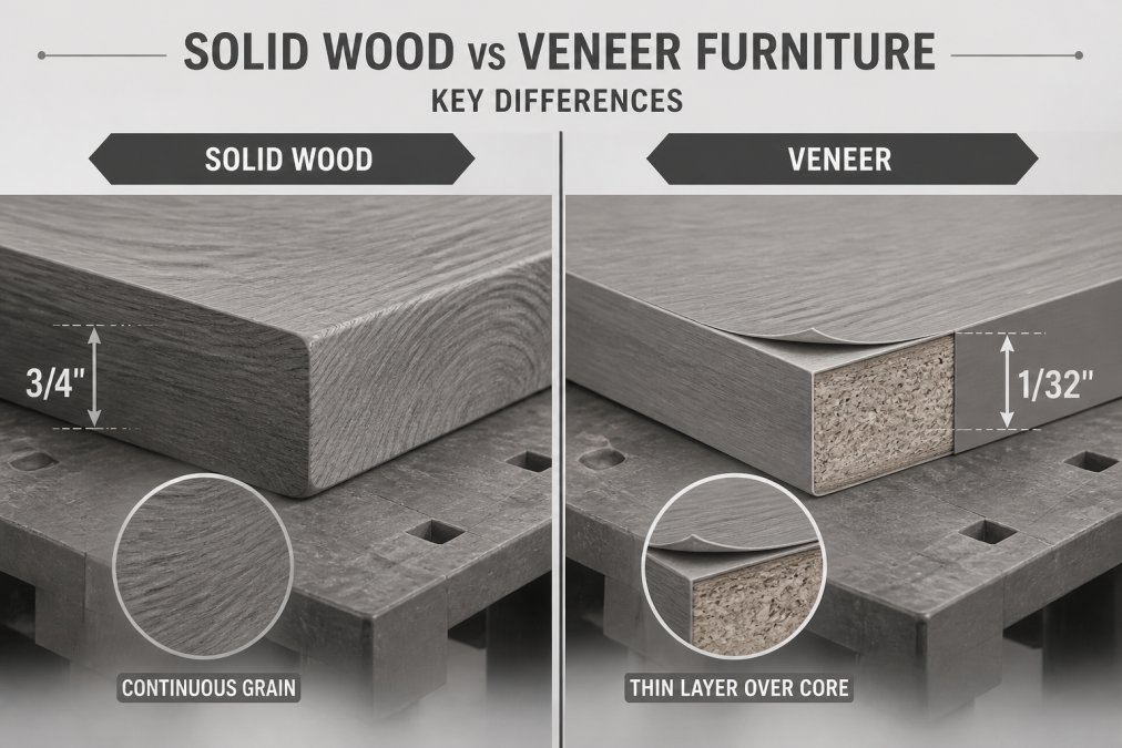 Side-by-side view of two wooden furniture edges resting on a workbench, one showing thick solid wood with visible continuous grain, the other showing a thin veneer layer peeling slightly at the corner over a particle board core, photographed under warm workshop lighting