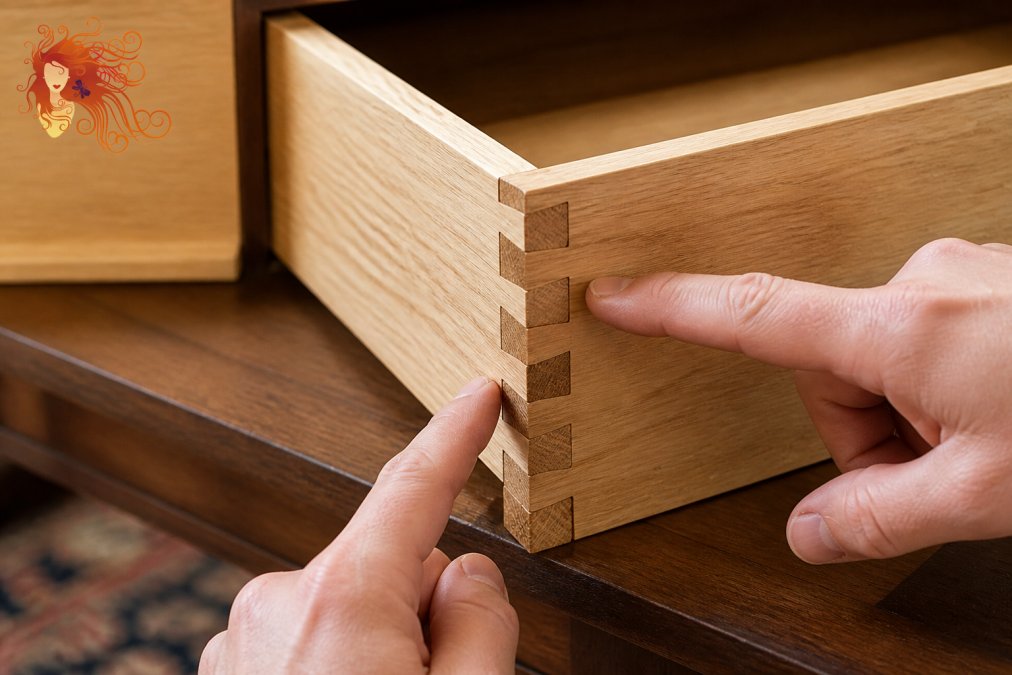 Detailed close-up of interlocking dovetail joints on a wooden drawer interior, with hands pointing to the precisely cut wood pieces that fit together