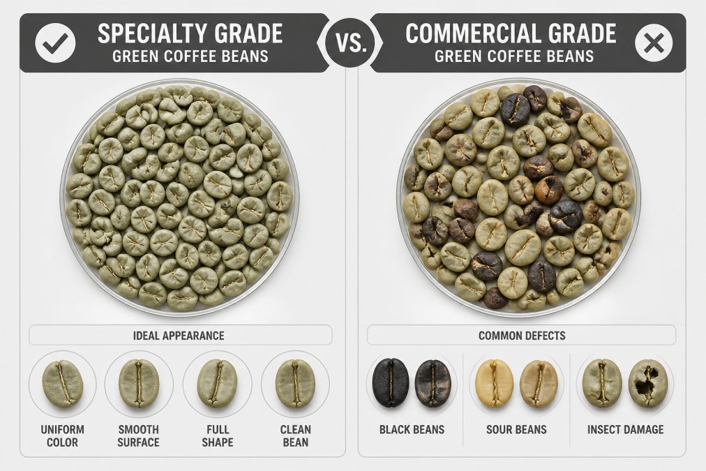 Side-by-side comparison of specialty grade green coffee beans versus commercial grade beans showing visible defects like black beans, sour beans, and insect damage