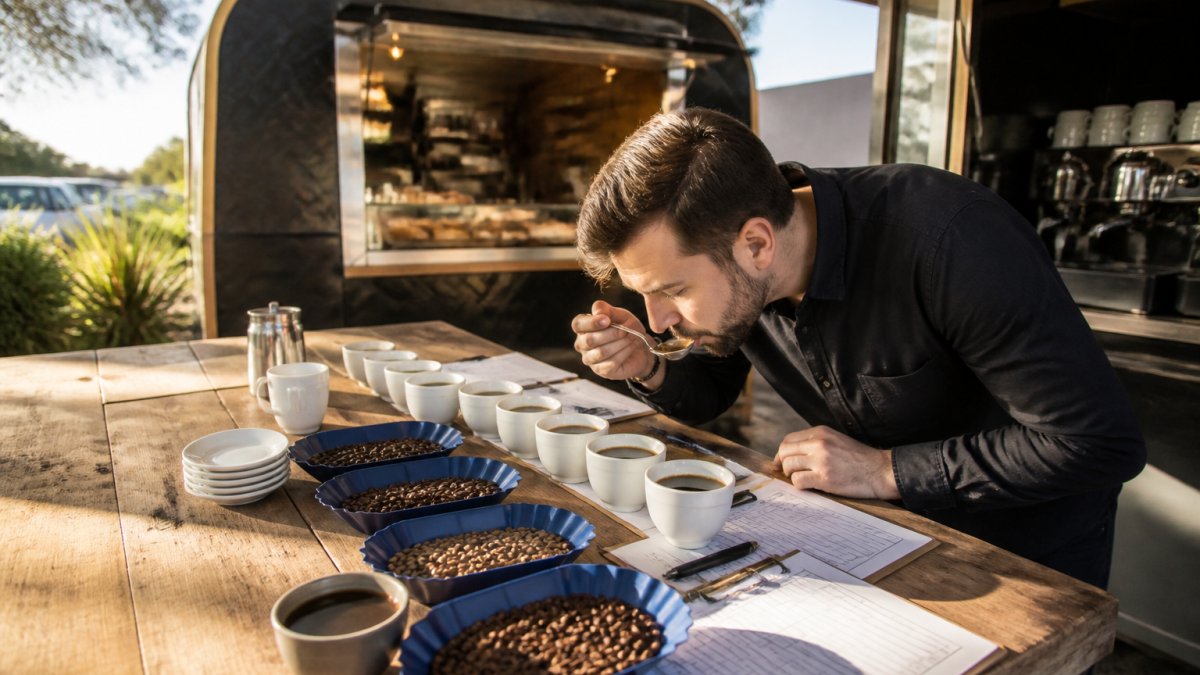 Professional coffee cupper evaluating specialty coffee samples in white tasting cups with roasted beans and tasting notes visible on wooden table with natural morning light