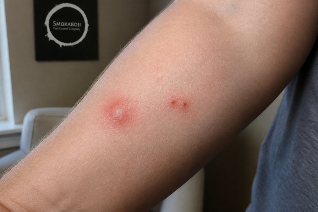 Close-up of a person's forearm showing a red, raised mosquito bite next to a small, two-puncture spider bite mark for visual comparison