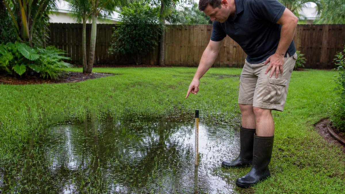 How to Identify Standing Water in Your Backyard 2 Homeowner using a marker to inspect pooled, soggy lawn areas to learn how to identify standing water in your backyard.