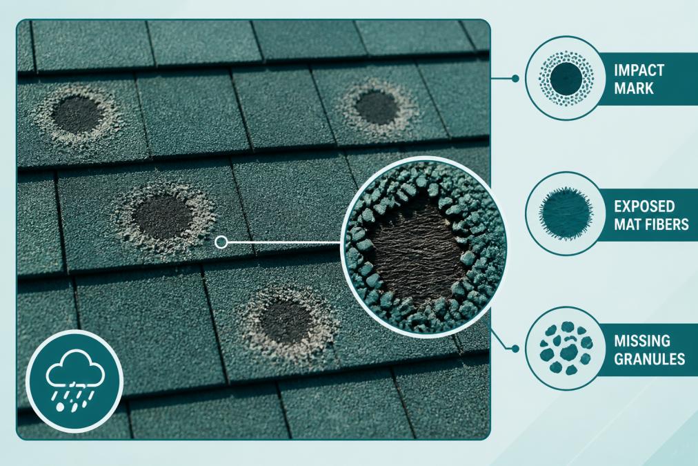 Close-up of asphalt shingles showing circular impact marks with dark centers, exposed mat fibers, and surrounding patches of missing granules under bright afternoon sunlight
