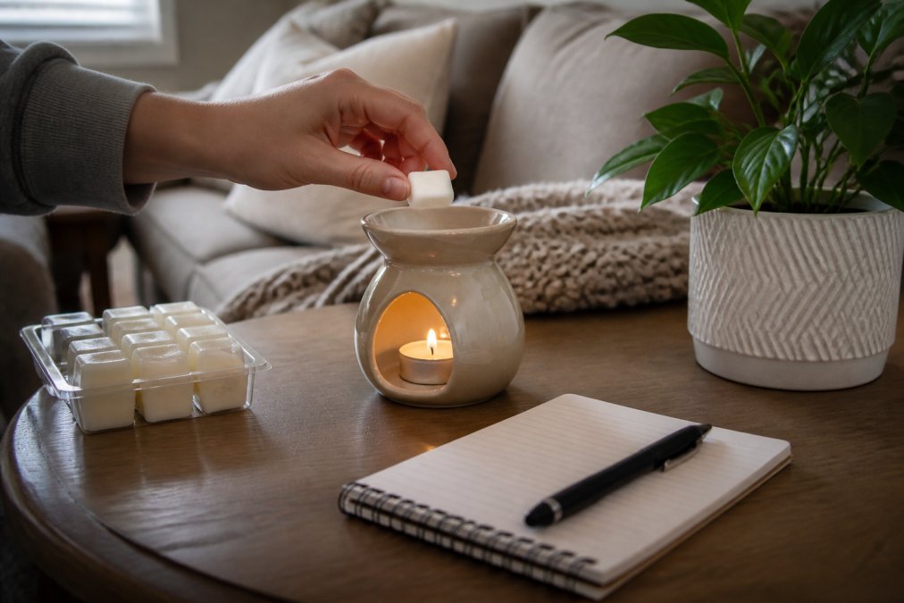 Step-by-step diagram showing how to track wax melt scent throw intensity using a notepad and warmer