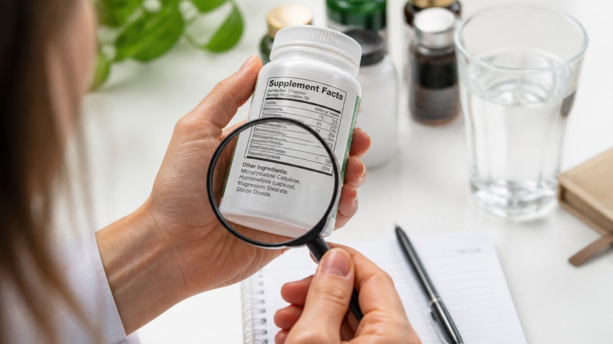 Close-up of hands holding a supplement bottle while examining the Supplement Facts label and other ingredients section with a magnifying glass on a bright, clean surface