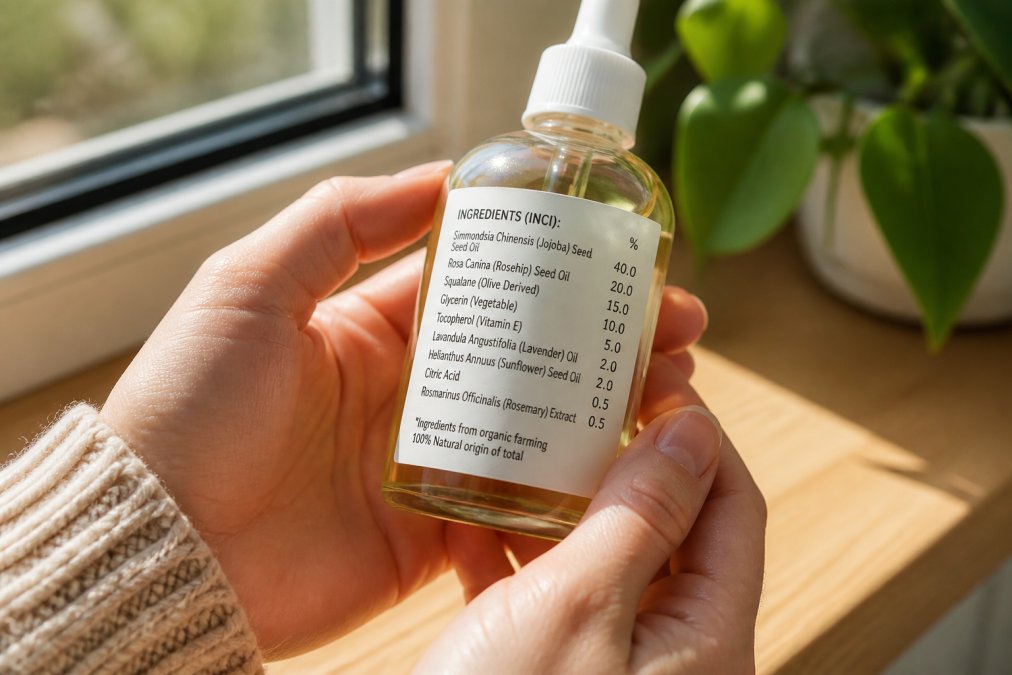 Close-up of hands holding a clear glass skincare bottle with visible ingredient label under natural window lighting, showing INCI names and concentration percentages clearly