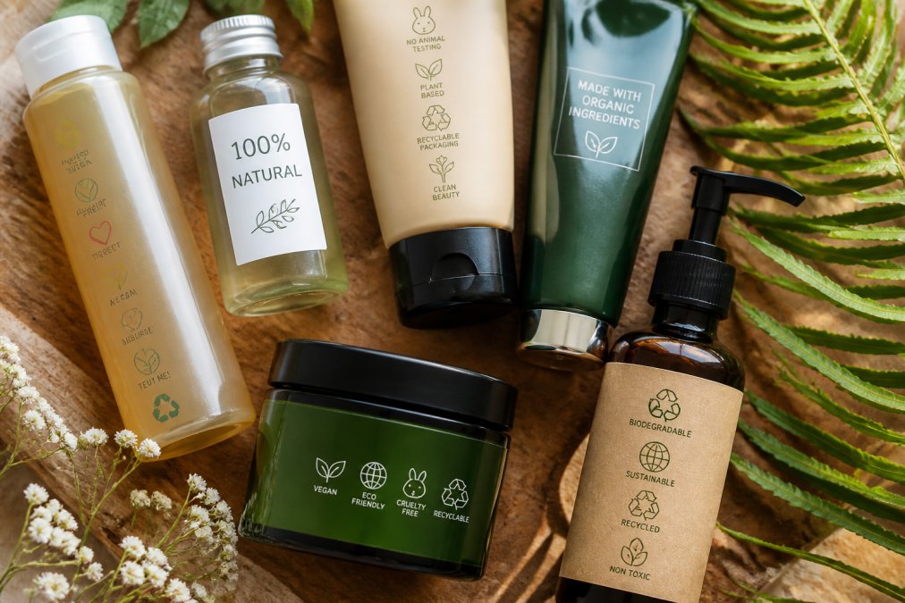 Flat lay arrangement of multiple skincare product bottles with green and eco-friendly packaging displayed on natural wood surface with botanical elements, showing various marketing claims and certification logos at different angles