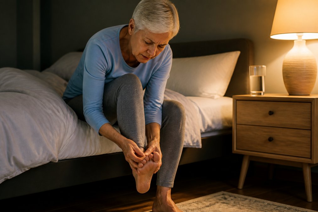 Person sitting on a bed at night rubbing their feet due to the discomfort of neuropathy in feet.