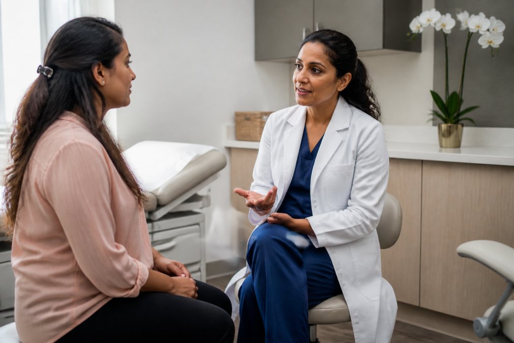 Woman in consultation with gynaecologist in modern clinical setting, both seated across from each other with warm, professional lighting and calming decor