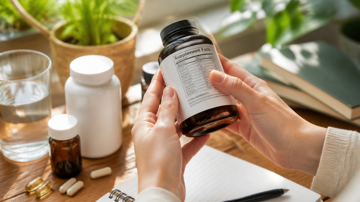 Close-up of hands holding a vitamin supplement bottle, examining the ingredient label and nutritional information panel in natural light