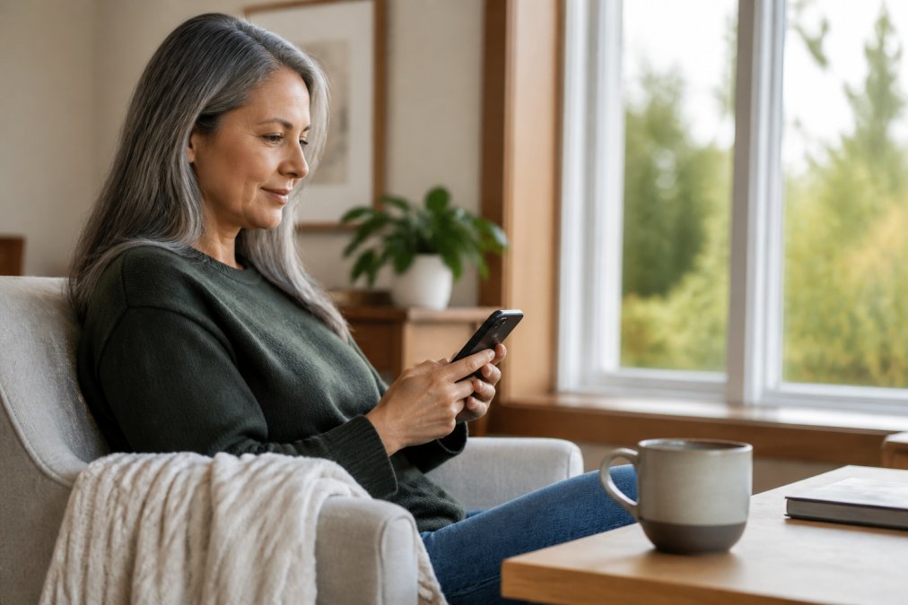 Adult using smartphone app to log pain diary entry while sitting comfortably with warm beverage and natural window lighting
