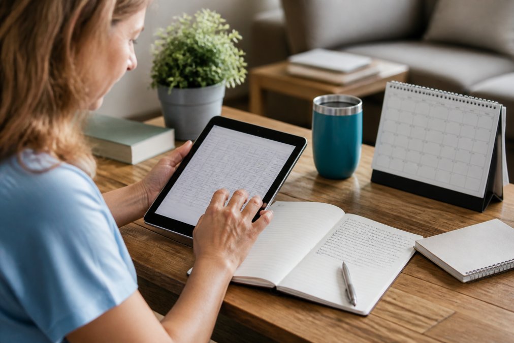 Person reviewing digital health records and activity log on tablet while sitting at desk with organized notes and calendar visible