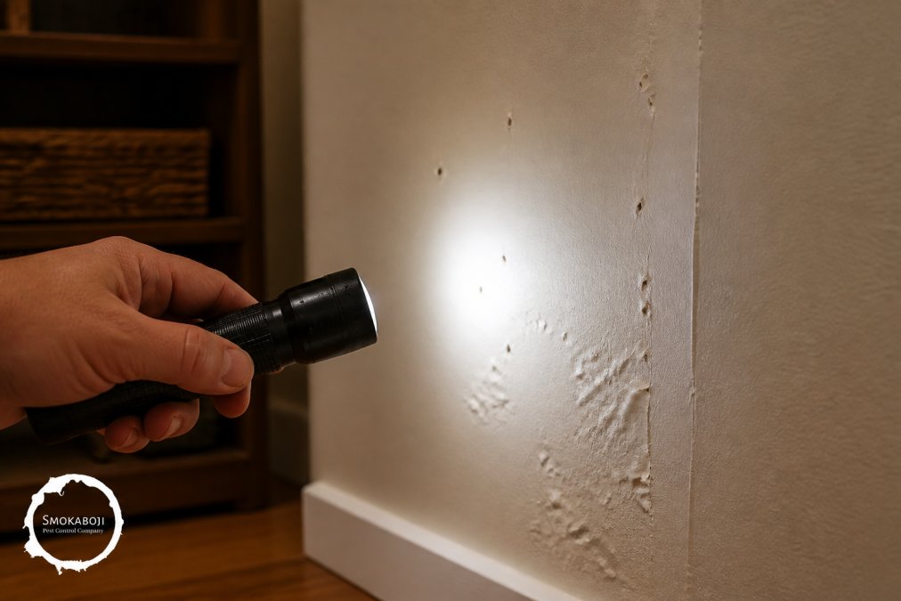 Close-up of a homeowner's hand pointing a flashlight at small pinholes and bubbling paint on an interior drywall wall, warm indoor lighting