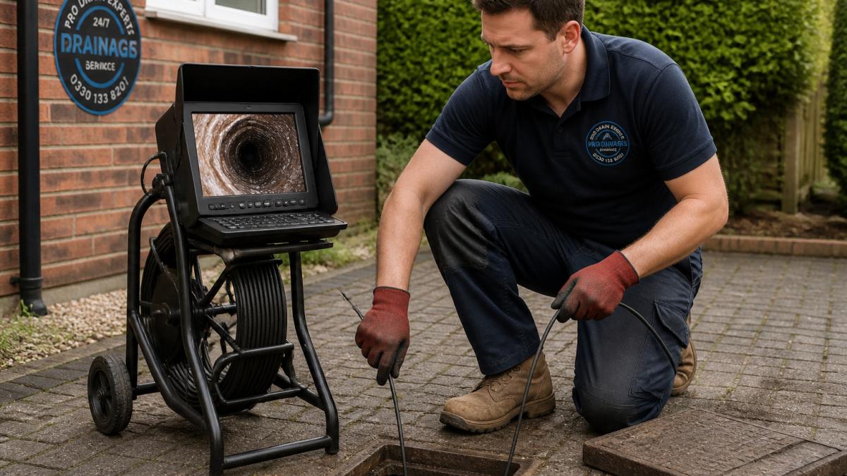 Drainage engineer using a CCTV camera to identify root cause blockages within a residential pipe system